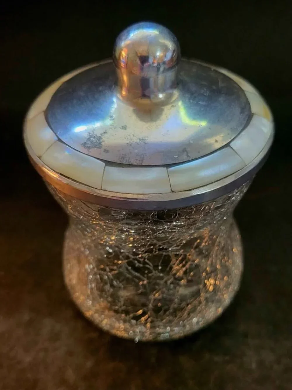 Vintage Vanity Crackle-Glass and a Pewter Lid Accented With Mother-of-Pearl